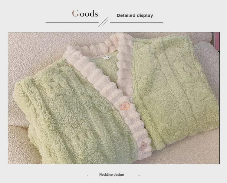 Cardigan de pluș cu decolteu în V, cămașă de noapte, pijamale pentru femei de mărime mare - îmbrăcăminte caldă din lână coral pentru toamnă și iarnă