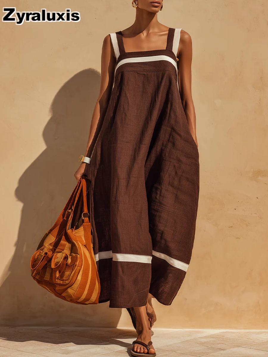 Cotton Linen Blend Striped Color Block Sleeveless Casual Dress S