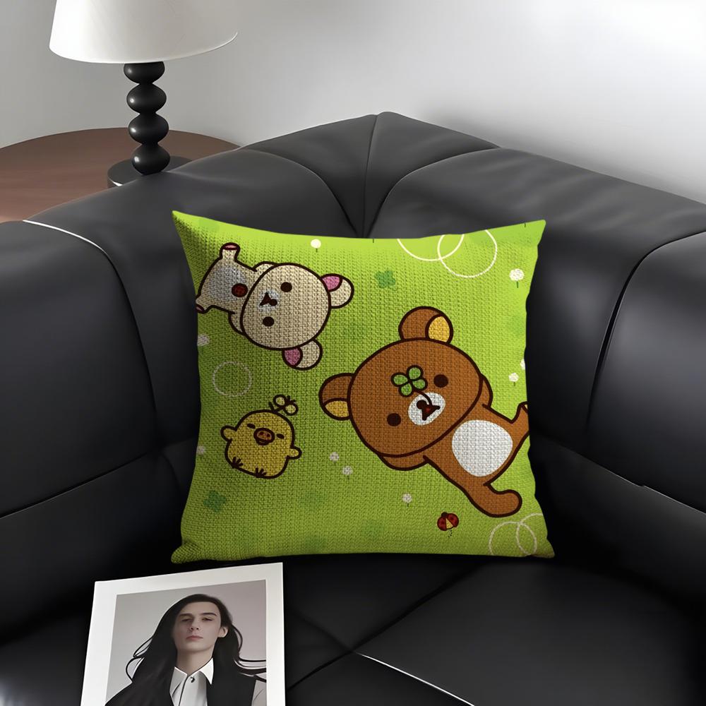 RRilakkuma Cartoon Cushion Cover Natural Linen Organic Fabric DoubleSided Printing Sofa Home Decor Gift Pillow Case