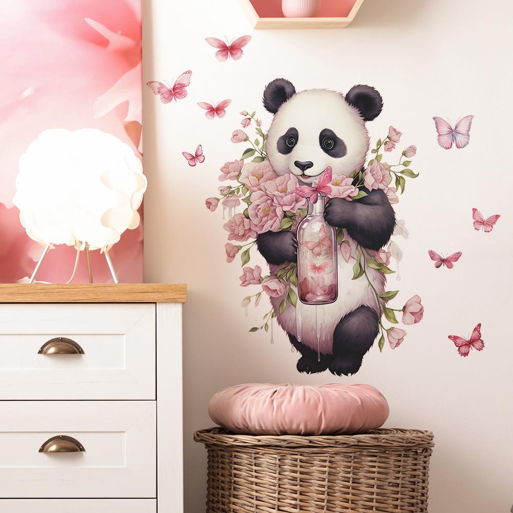 Kreslená Panda Romantická Růže Motýl Dětská Ložnice Domácí Pozadí Dekorace Samolepka na Zeď