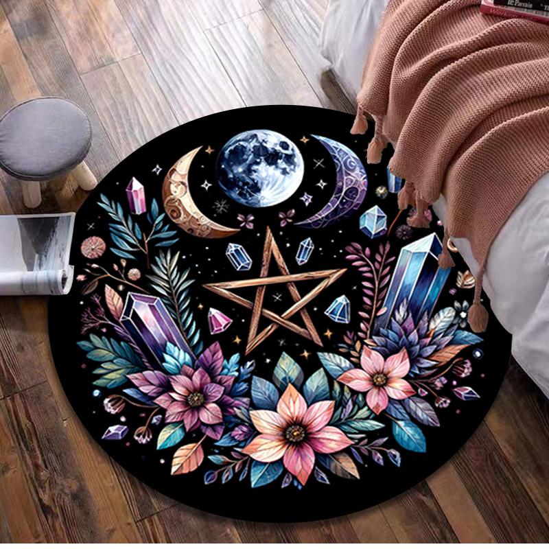 Floral Moon Phase Circular Rug - Office Decorative Carpet For Living Room Bedroom Door Mat Floor Rug Computer Chair Area Rug