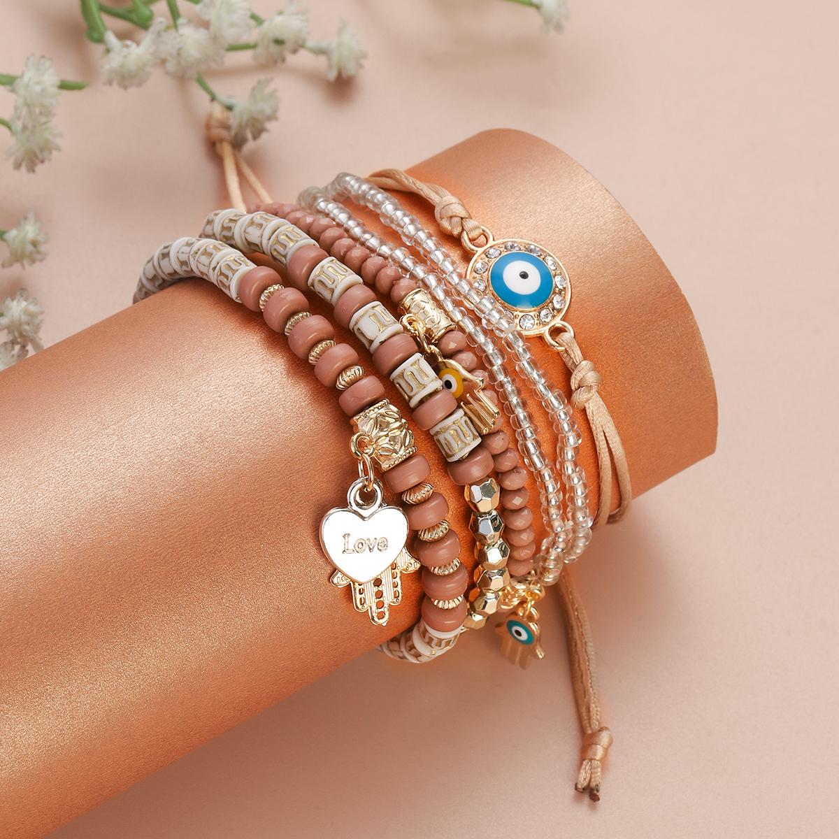 

Бохо многослойный набор браслетов из бусин для женщин, турецкий глаз Фатимы, рука Фатимы, браслет-цепочка из бисера, браслет, летняя вечеринка для девушек, цирконий, подарок