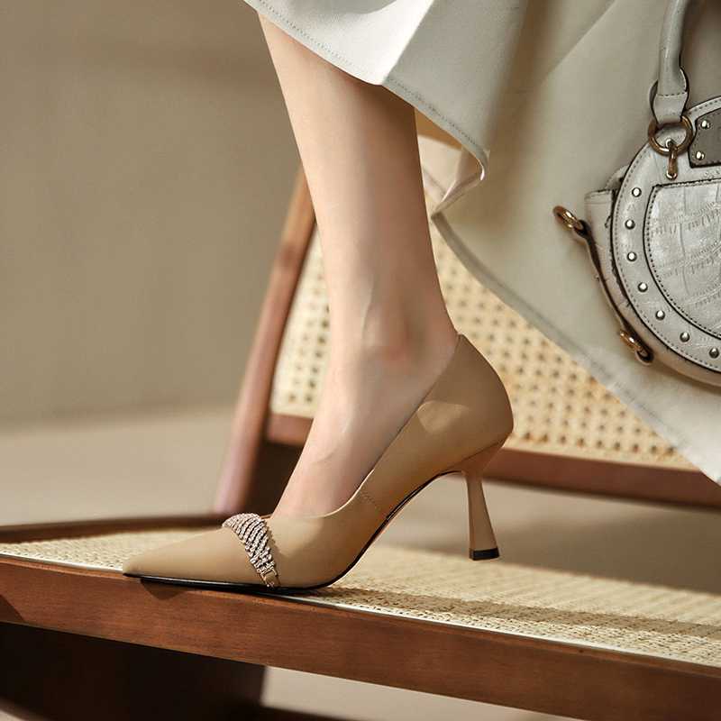 Cow Leather Pointed Toe High Heels Rhinestone Women Pumps