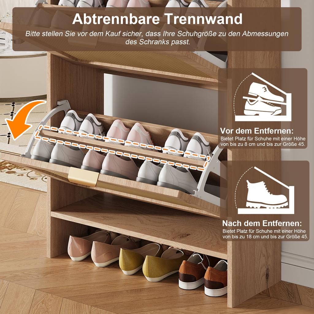 Modern Shoe Cabinet with Rattan Double Doors, 2 Drawers, Multi-level Storage, Narrow, for Hallway and Entrance, Wood Look, 65 × 25 × 106 Cm