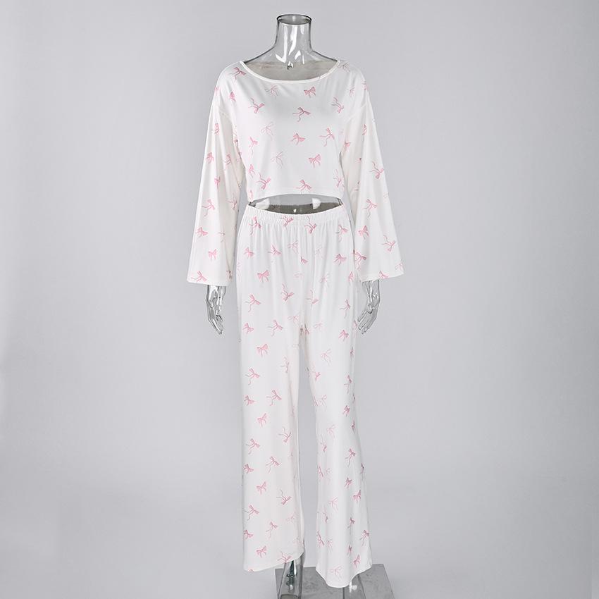 New product printed bow top trousers knitted women's pajamas homewear set autumn and winter Europe and America