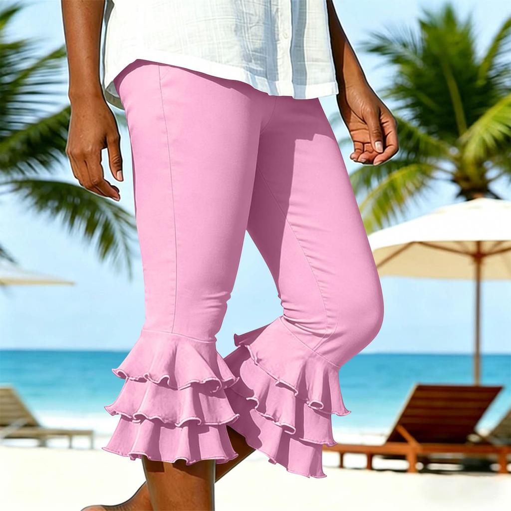 Damen Y2K Style Yoga Capri-Hose Lagen-Rüschensaum Kurze ausgestellte Leggings Sommerlich Lässig Stretch Schlanke Passform Ausgestellte Hose
