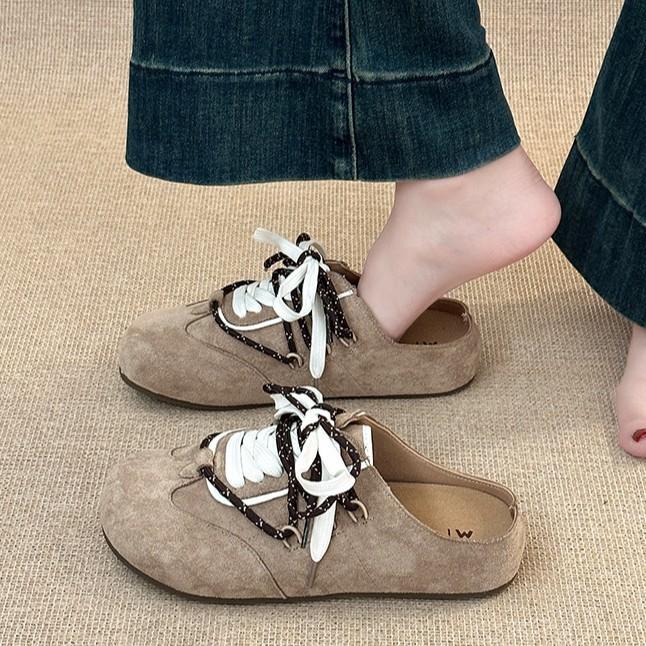 Design sense baotou half slippers women's autumn and winter versatile fashion niche lace-up retro lace-up casual platform slippers