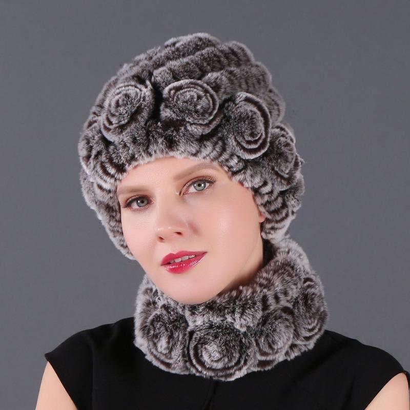 New High-quality Rex Rabbit Fur Accessories Autumn and Winter Women's Versatile Warm Hat Scarf Two-piece Set