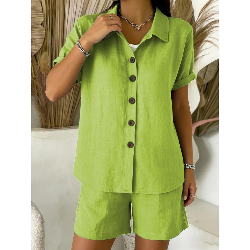 Set Casual con Camicia a Maniche Corte con Bottoni e Pantaloncini per Donna