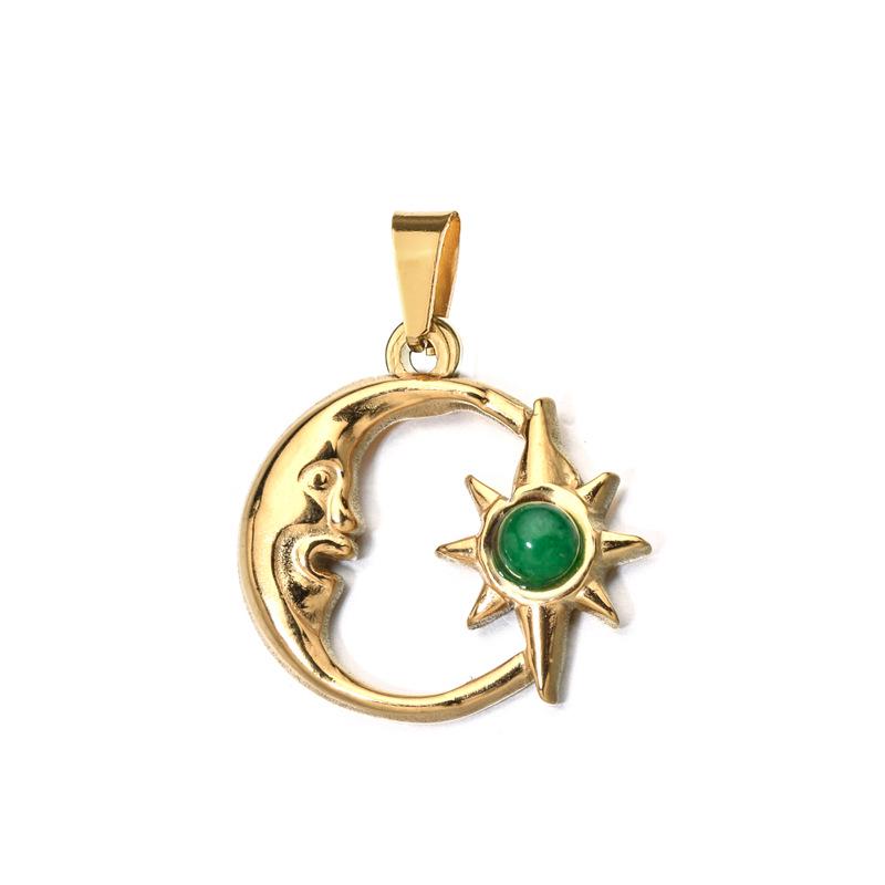 European Retro Sun and Moon Stainless Steel Pendant with Semi-Precious Stone Charm for Women.