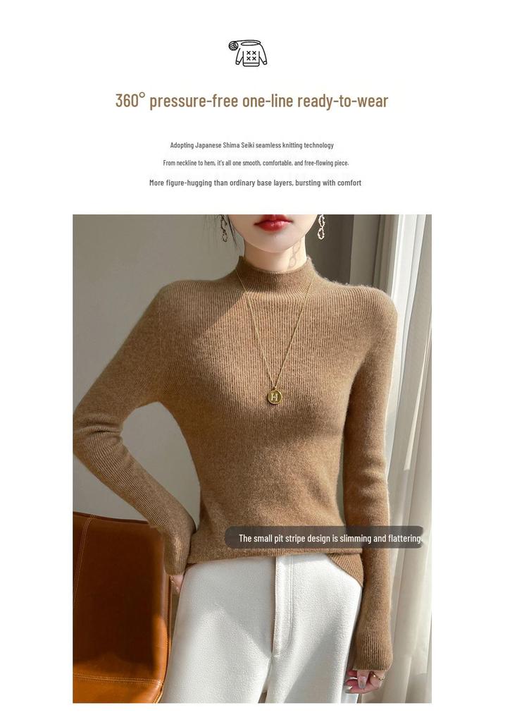 Women's Slim Fit Wool Sweater - Half-High Neck, Long Sleeve, Warm Autumn Winter Knit Base Layer