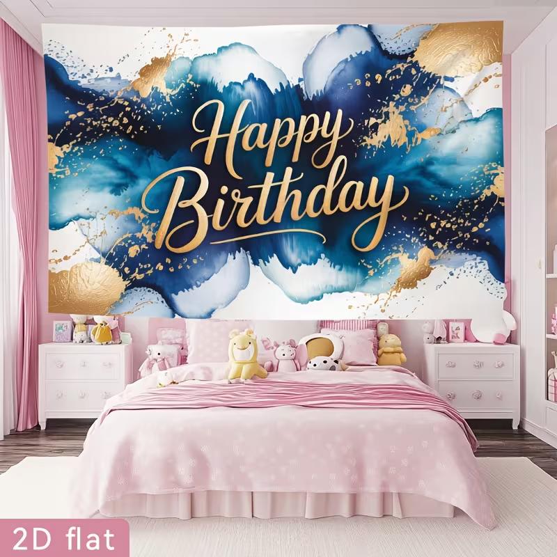 2D Blue Gold Ink Wash Happy Birthday Backdrop Banner Photography Background for Men Party