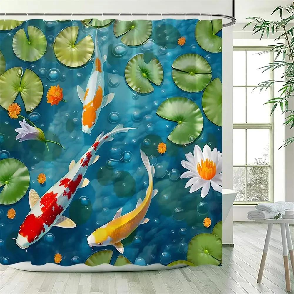 Rosa Blumige Karpfen Duschvorhänge Aquarell Kirschblüten Fische Koi Fisch Polyester Stoff Badezimmer Vorhang Dekor Mit Haken