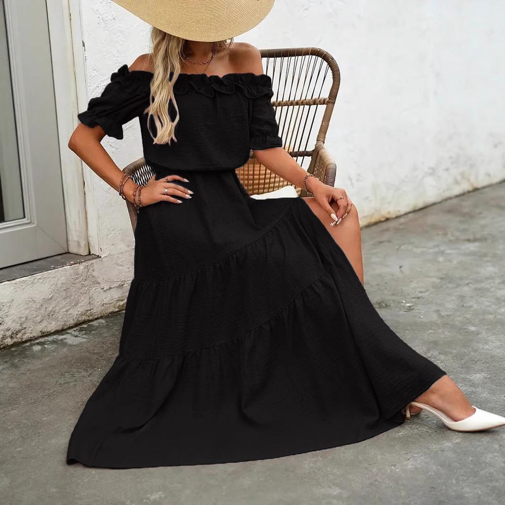 New, summer one-word shoulder fungus edge waist side split dress women