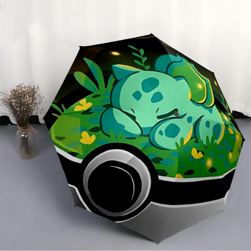 Ombrello Pieghevole Automatico Pokeball Bulbasaur Carino Antivento con Robusto Telaio in Ferro, Ombrello da Viaggio Compatto Portatile per Tutte le Stagioni Feste005