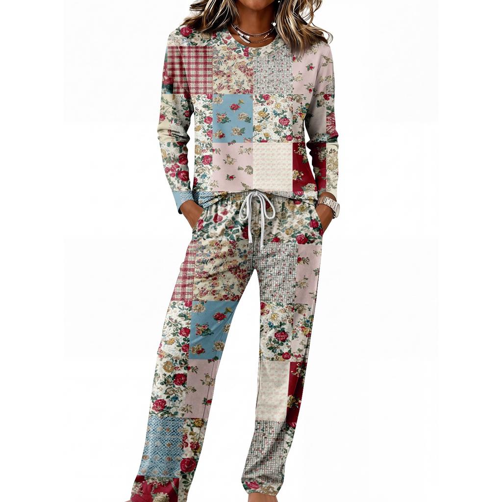 Women's Long Sleeve Round Neck Drawstring Wide Leg Pajama Set for Casual and Sleepwear