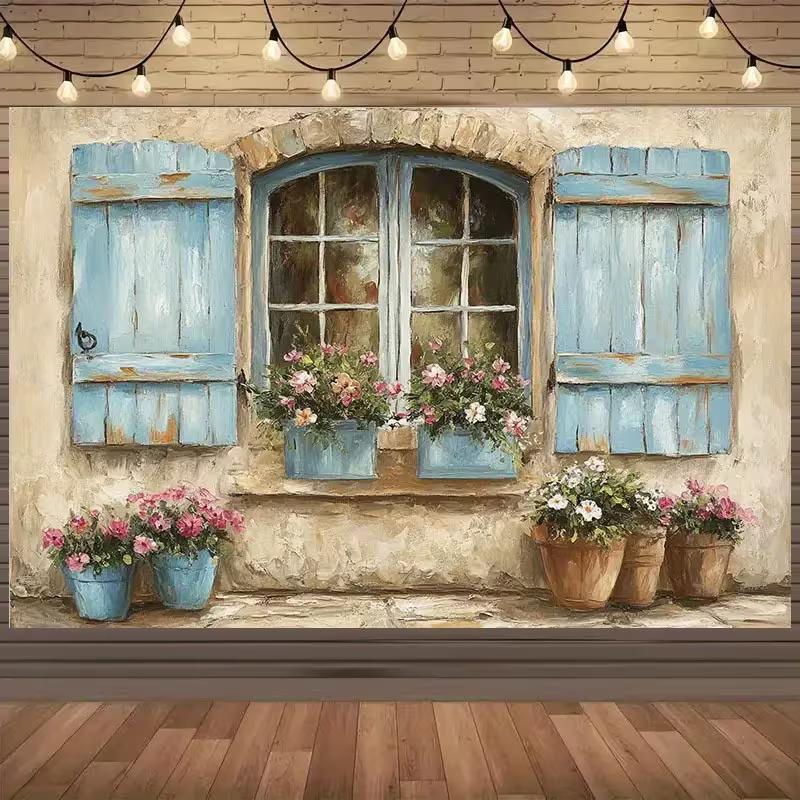 Vintage French Cottage Background, Distressed Blue Shutters with Flowers 47.2x31.5inch/120*80cm