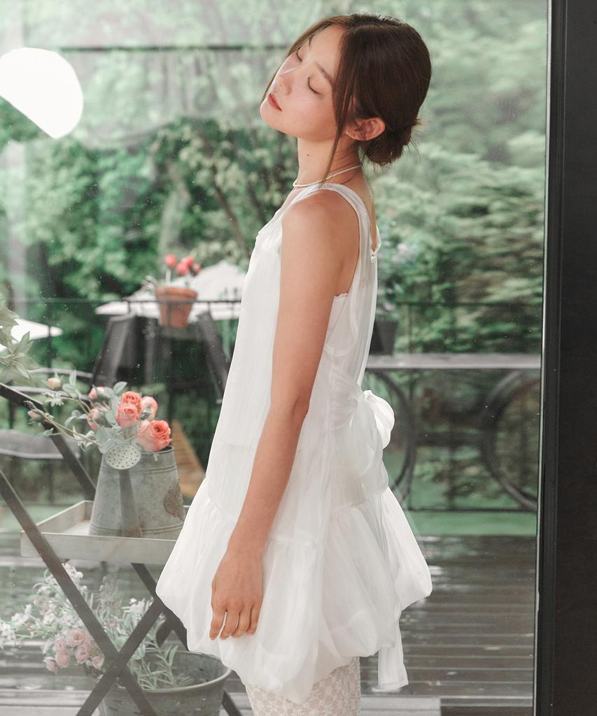LOSSYROW Sheer Ribbon Balloon Dress White