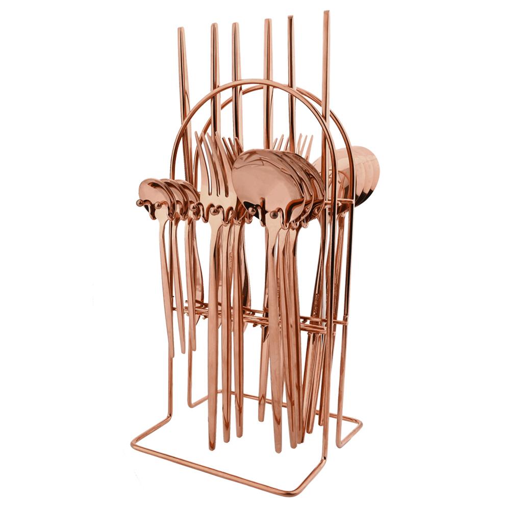 Jankng Gold 24Pcs Western Dinnerware Stainless Steel Daily Cutlery Set Knife Fork Coffee Spoon Tableware Set With Storage Rack