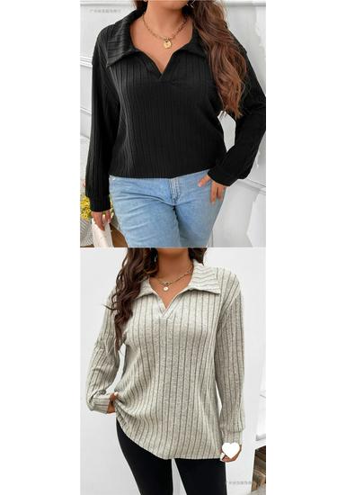 2026 Autumn/Winter Plus Size Women's V-Neck Long Sleeve Ribbed Brushed Loose Top