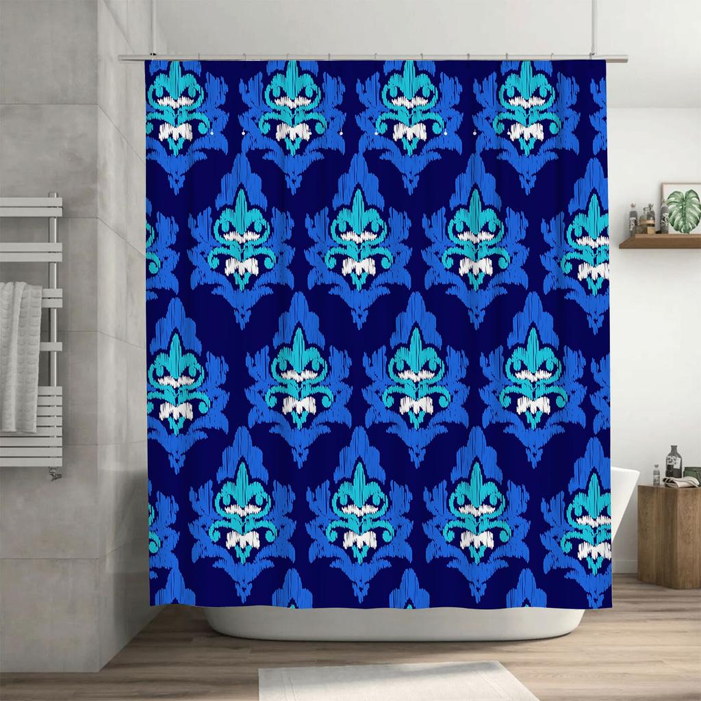 Luxury Blue White Damask Shower Curtain Waterproof Fabric Bath Decor, Modern Home Accessories for Bathroom Curtains