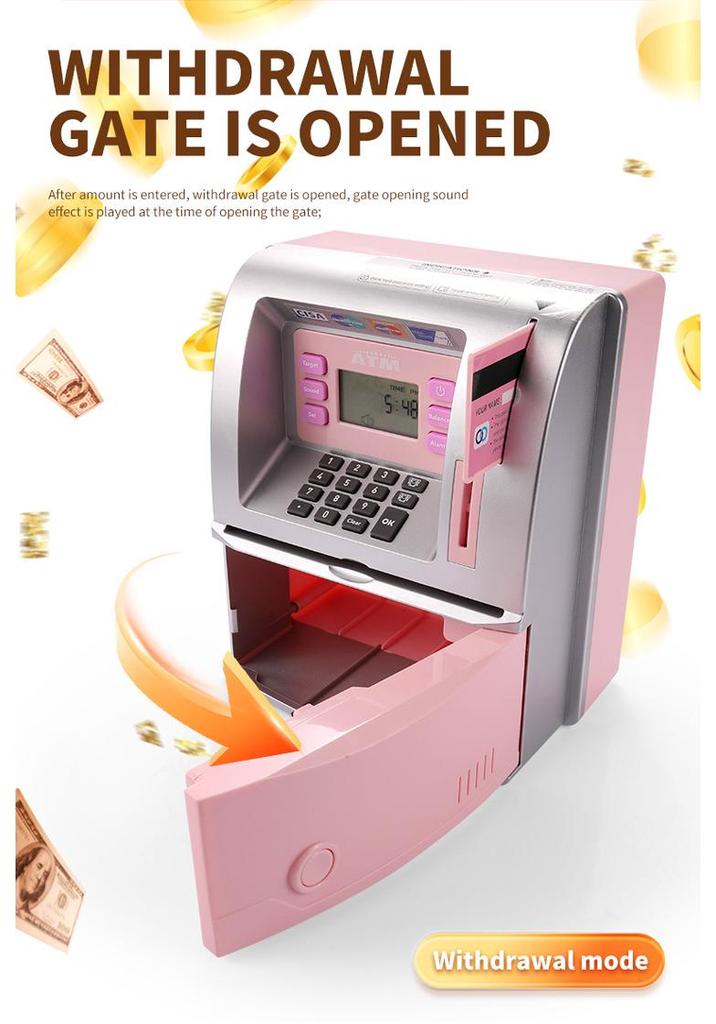Children's Large ATM Simulator Piggy Bank with Voice and Password, Coin Roller, and Money Counting Features.