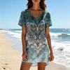 Women's Summer Casual Dress V Neck Short Sleeve Loose Fit Floral Print Lightweight Soft Fabric Beach Cover Up Tunic Dress
