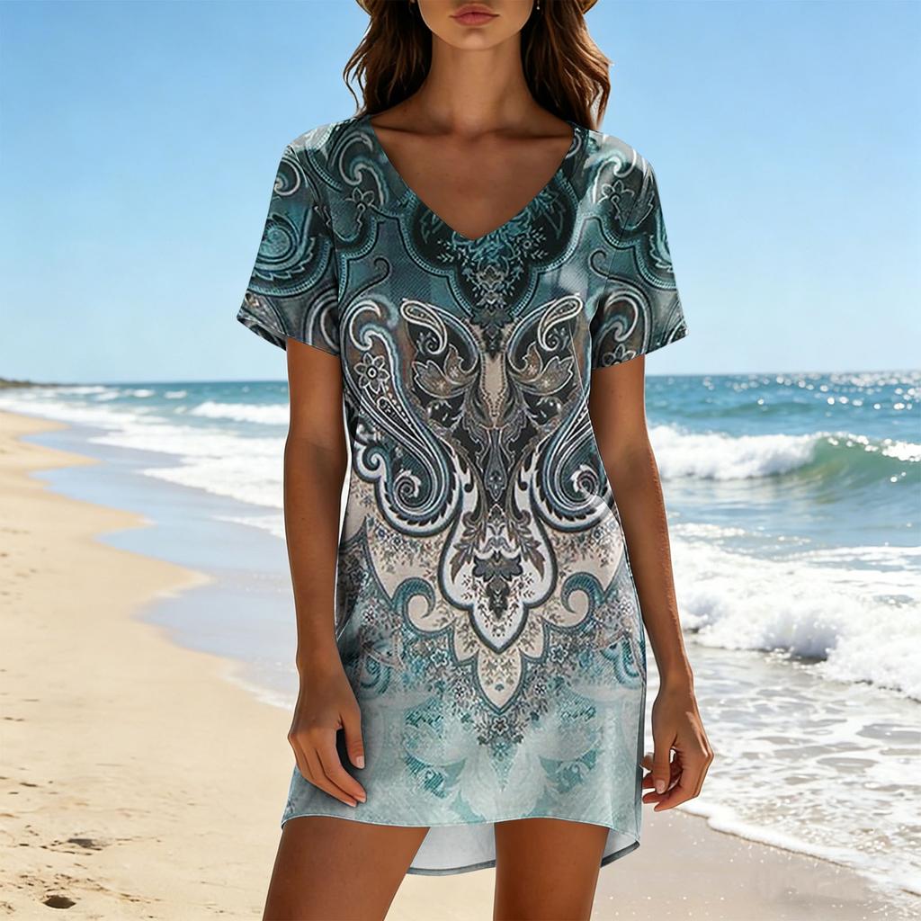 Women's Summer Casual Dress V Neck Short Sleeve Loose Fit Floral Print Lightweight Soft Fabric Beach Cover Up Tunic Dress