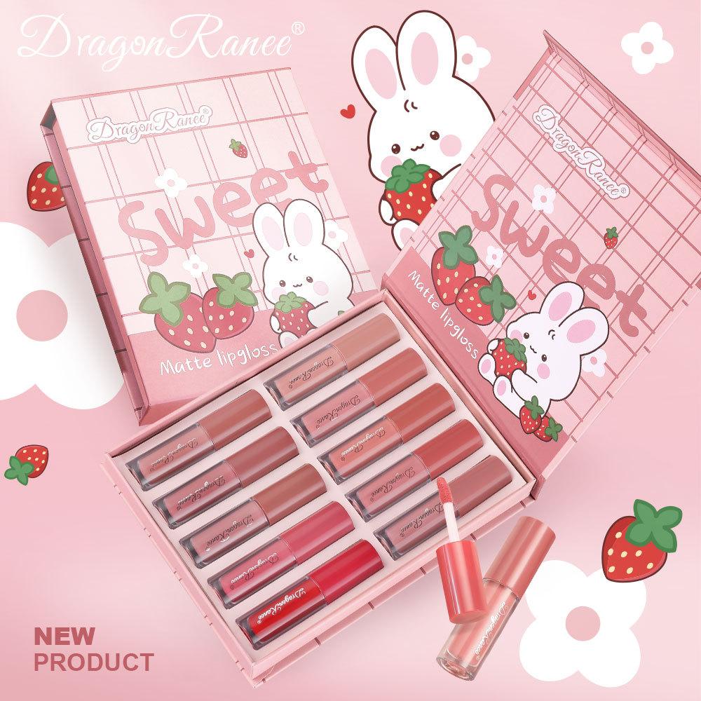 10-piece Lip Gloss Cartoon Set, Not Easy To Stick To Cups, Velvet Matte Lip Gloss Liquid Waterproof Lipstick Matte Cute Set Box