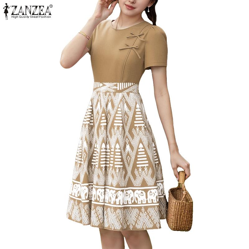 ZANZEA Women Summer Round Neck Short Sleeve Casual Patchwork Print Dress