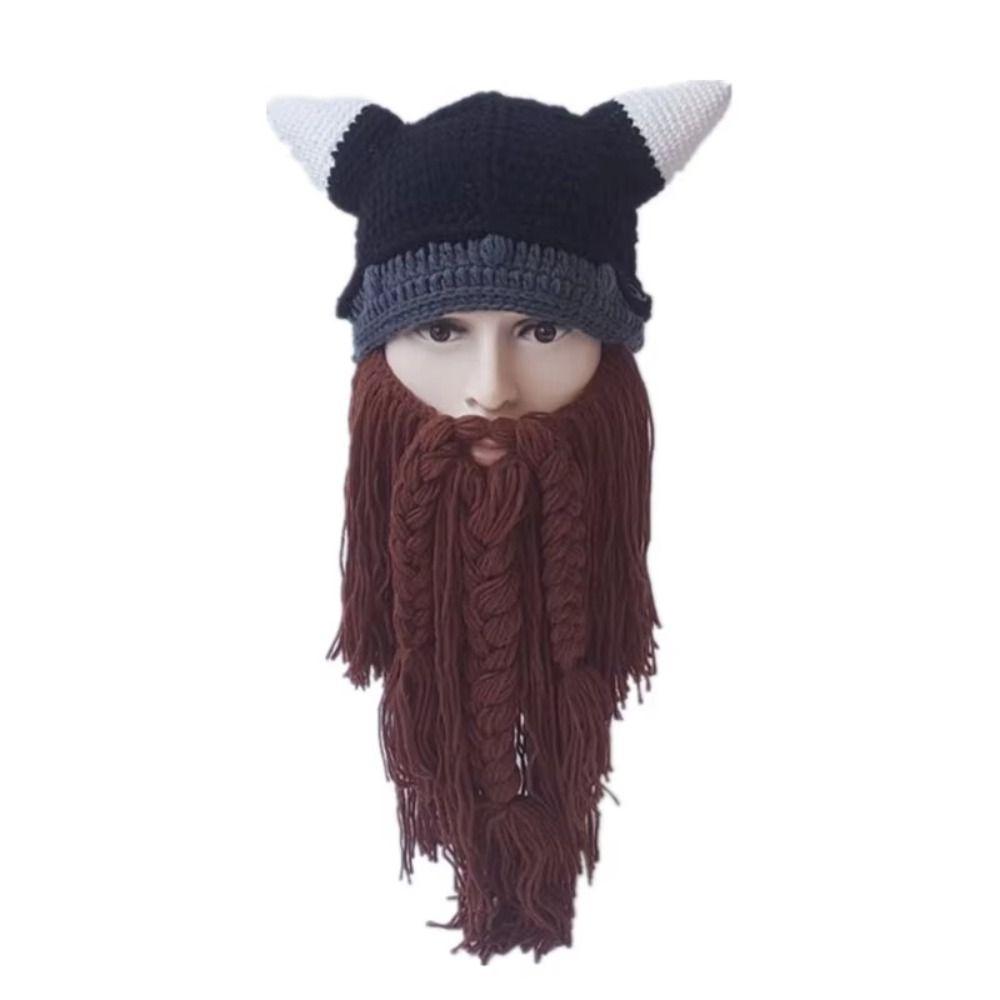 Handmade Knit Wig Beard Hats Horn Hat Big Beard Mask Hat Funny Viking Beard Beanie Men and Women