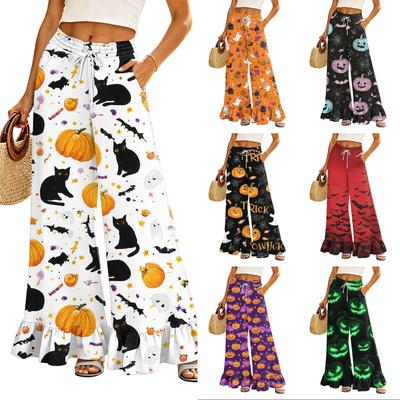 Women's Wide Leg Pants with Pockets Halloween Print High Waist Drawstring Loose Casual Long Trousers for Daily Wear