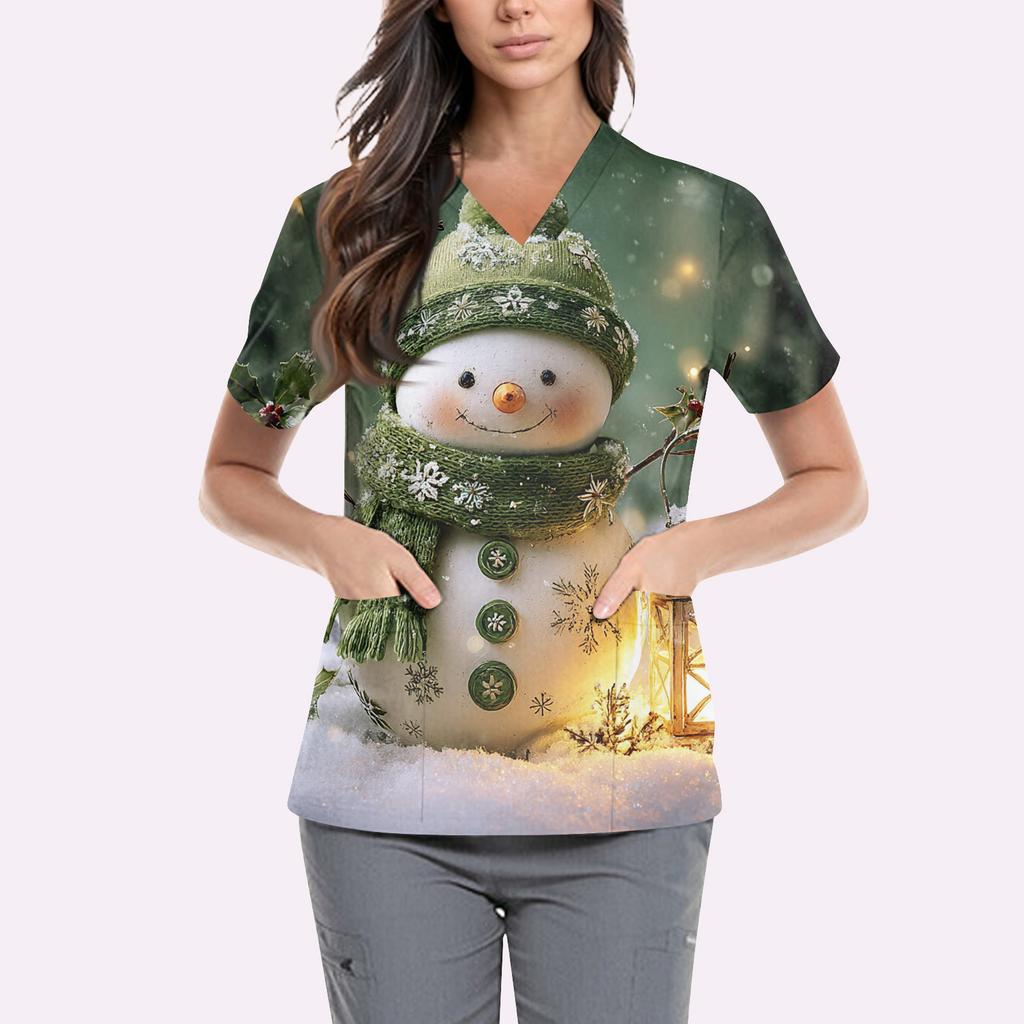 Women's Cute Printed Work Clothes V-neck Double Layer Pockets Basic Short Sleeve Top Pullover Valentines