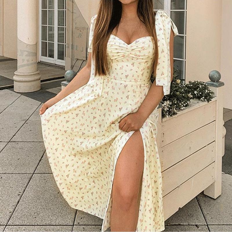 Fashion Floral Backless Summer Women's Dress Sexy Lace-up Spaghetti Strap Split Casual Dresses Women Slim Fit Print Vacation Beach Ladies Dress 26273