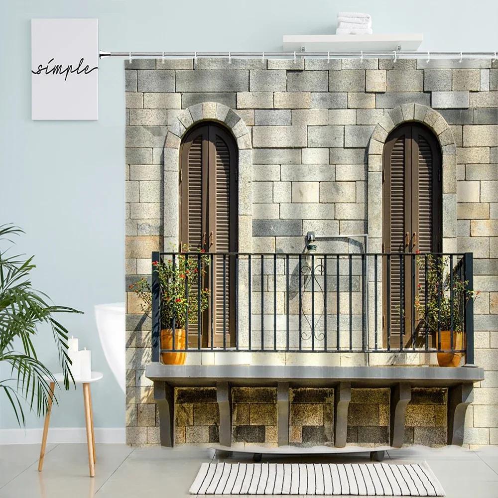 

Vintage Stone Wall Flowers Shower Curtains Retro Window Plants Modern Fabric Print Garden Bathroom Decor Bath Curtain Set Hooks W60H190(CM)-1 Pcs