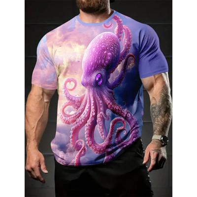 Dreamy Ocean Style: Dreamy Purple Octopus Print 3D T-Shirt, Cool Summer Casual Digital Pattern,