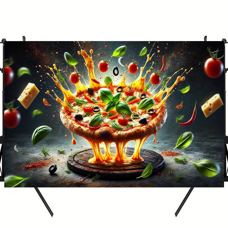 2D Flat Surface, Pizza Party Background, Suitable for Family, Garden or Courtyard Decoration, Polyester Fiber Material