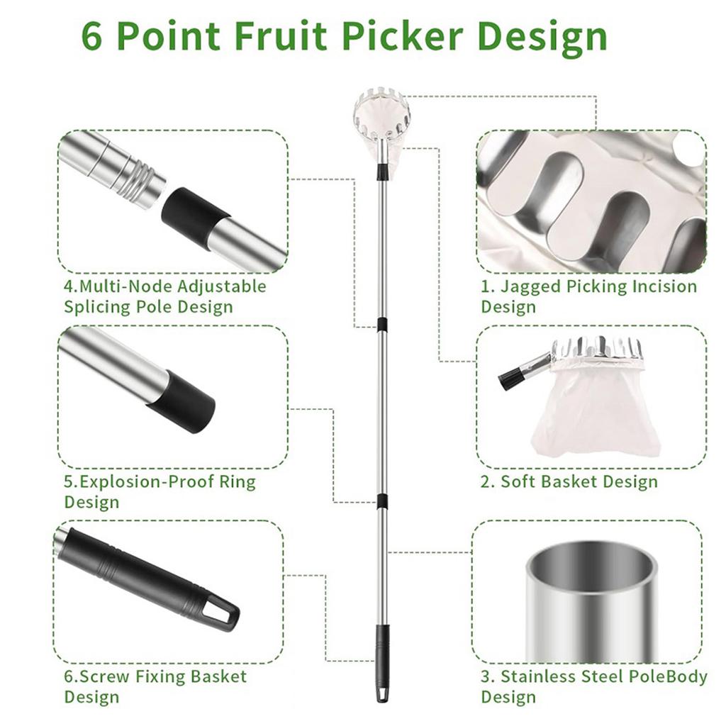 Telescopic Fruit Collection Tool Adjustable 3.3ft To 13ft Handle With Durable Stainless Steel Head For Gathering Apples Pears Oranges In Gardens
