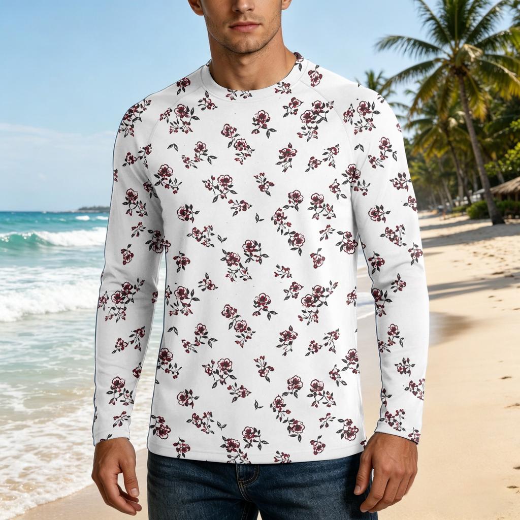 Men Long Sleeve UPF50 Plus Sun Protection Shirt UV Blocking Outdoor Sports Fishing Casual Top Floral Print Lightweight Fabric