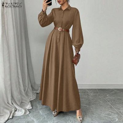 Women Elegant Casual Turn Down Collar Long Sleeve Long Dress