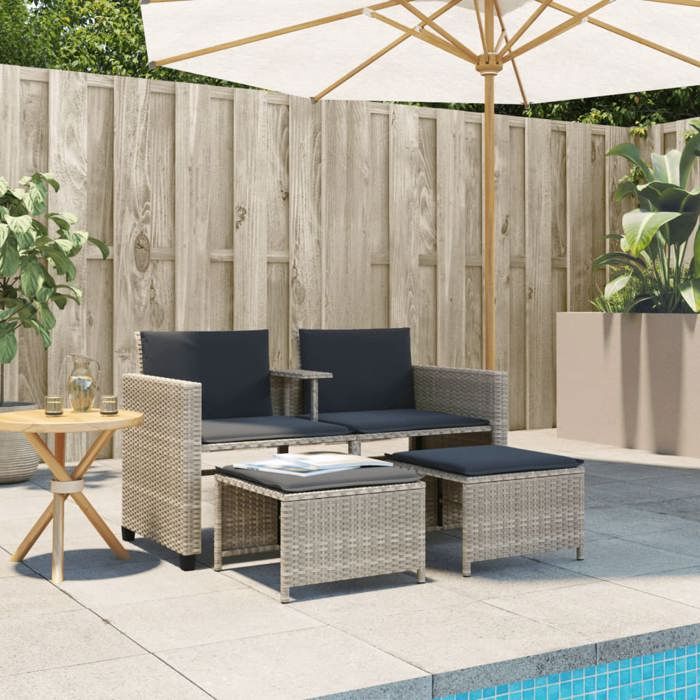VidaXL Canapé de Jardin 2 Places avec Table et Tabourets, Fauteuils avec Coussins, Mobilier d'Extérieur Patio, Moderne, Gris 368421