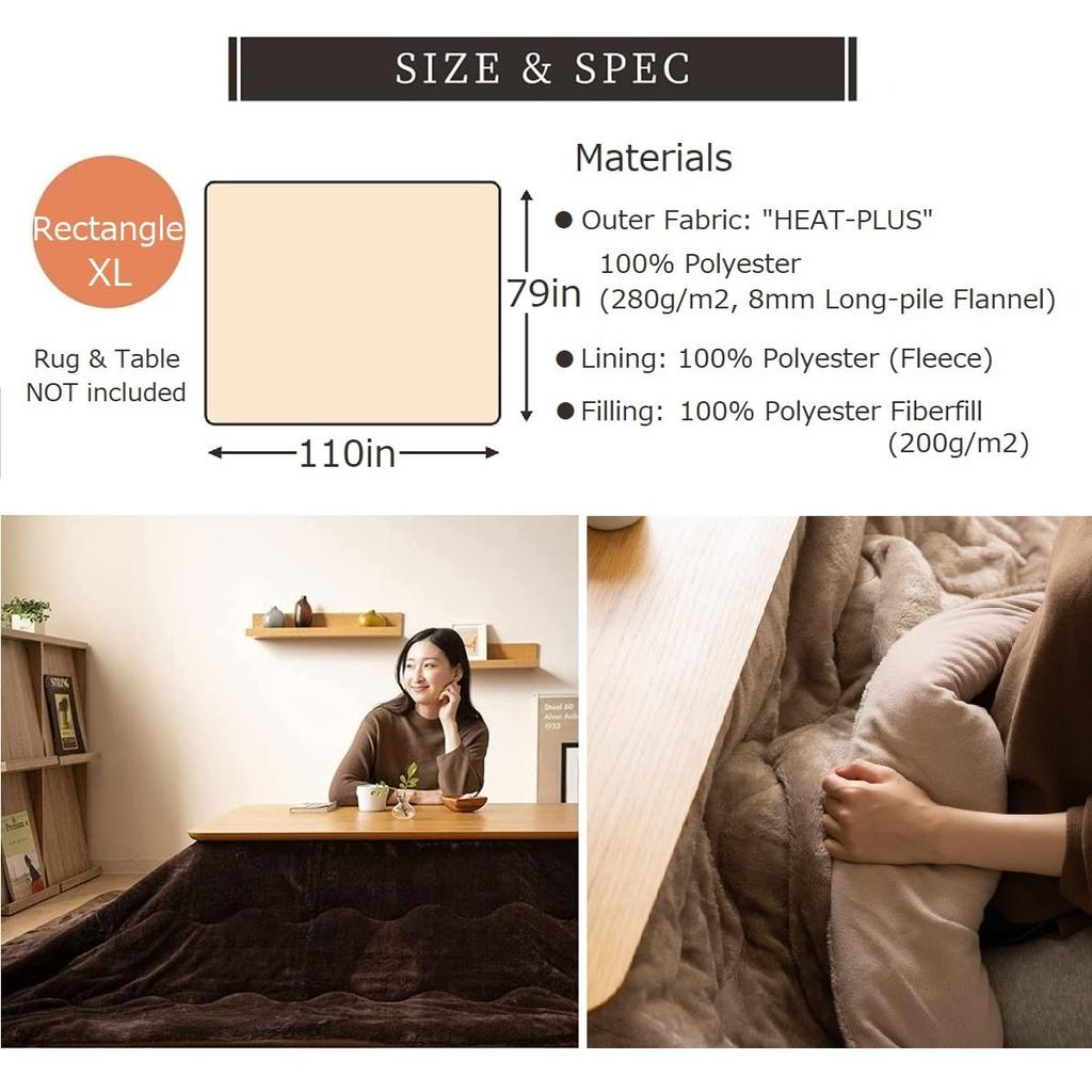 EMOOR Heat Plus Kotatsu Futon, Large, Rectangular, Ivory, Washable, Moisture-Absorbing, Heat-Generating, Ultra-Fine Fiber Pile 8mm