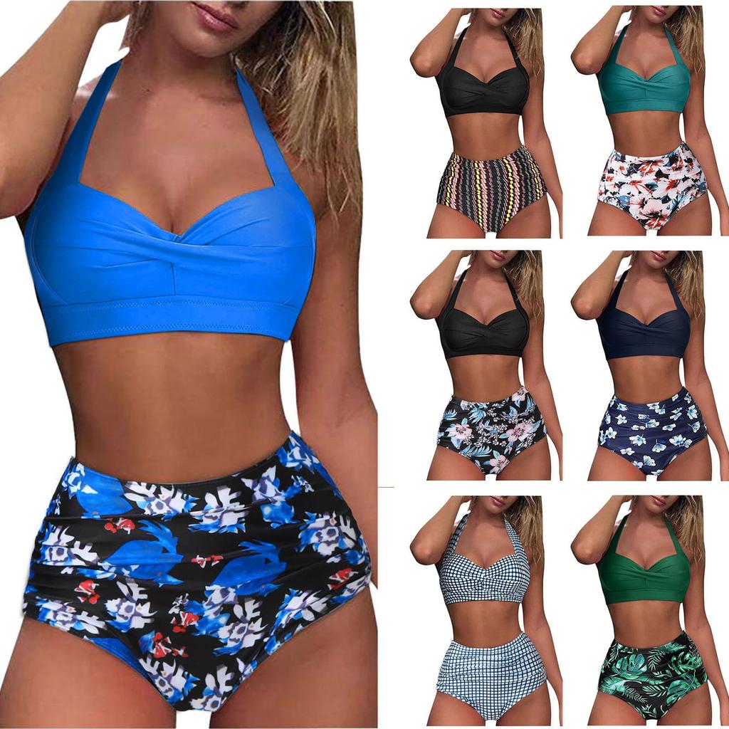 Women Vintage Swimsuit Two Piece Retro  Ruched High Waist Print Bikini Set
