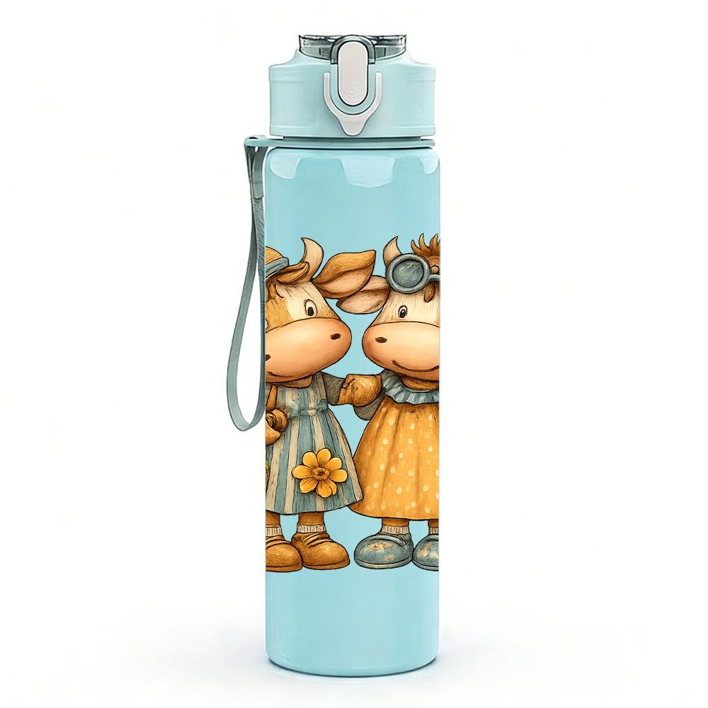 1PC Twin Country Dolls Cartoon 750ml Color Plastic Sports Water Bottle Leakproof Flip Straw Lid Suitable for Sports Office Home Use