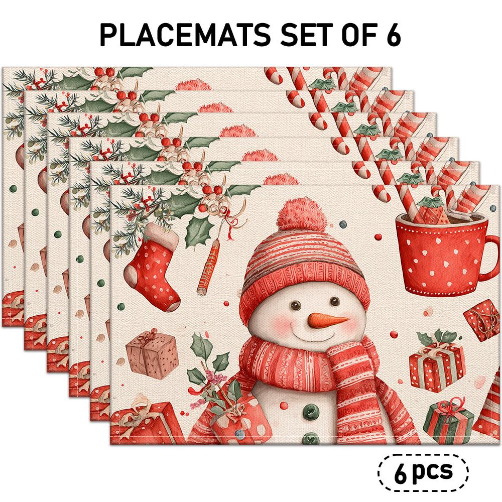 4/6pcs Christmas Themed Placemats, Featuring Snowman, Christmas Stocking, Gift Box, Candy Cane, Hot Cocoa Mug, and Holly Leaf Designs, Ideal for Holid