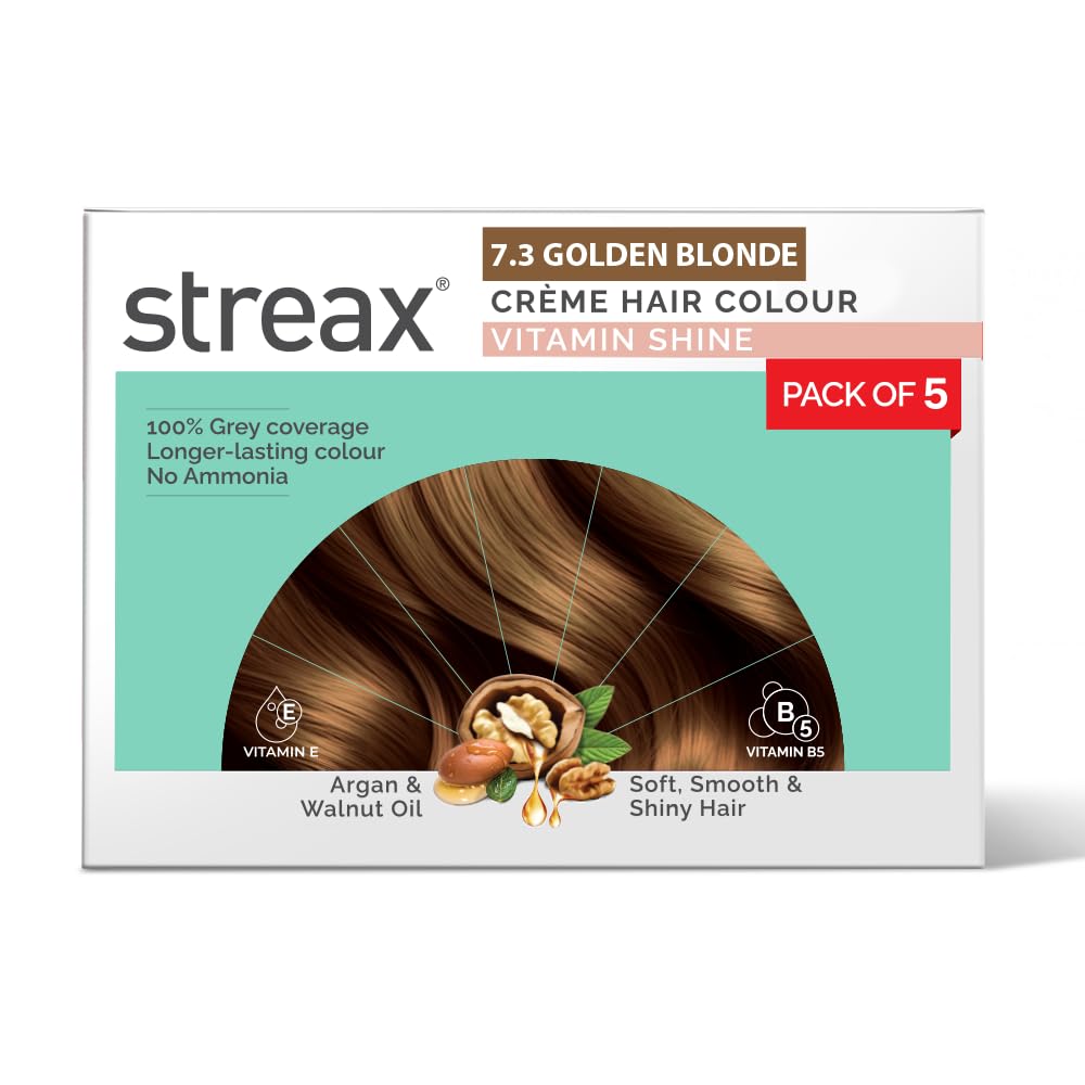 

Streax Crème Permanent Hair Colour 7.3 Golden Blonde 45gm (Pack of 5 )Long Lasting Grey Coverage Hair for Women