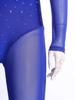 Womens Gymnastics Unitard Bodysuit Rhinestone Sheer Mesh Patchwork Cutout Back Full Body Jumpsuit Figure Skating Wear