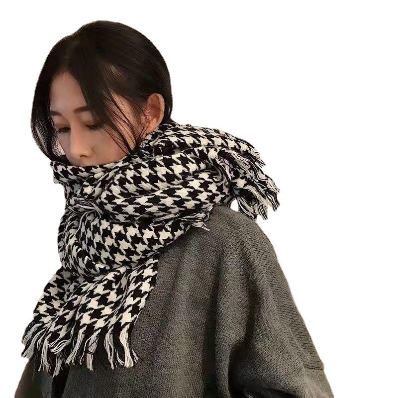 New Houndstooth Plaid Scarf for Women In Winter Versatile Korean Style High End Warm Scarf Student Ins Style Scarf