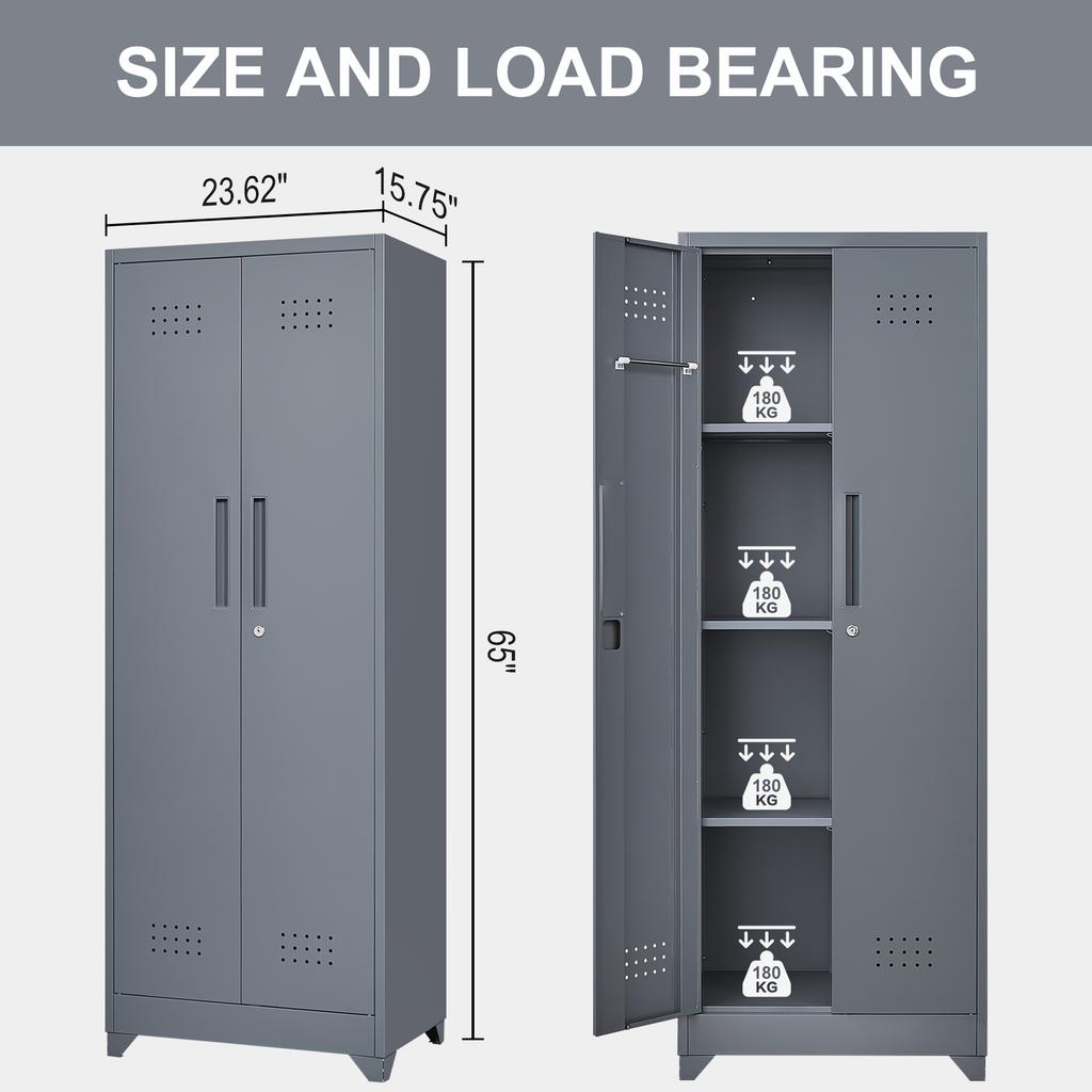 Broom Storage Cabinet With Locking Doors And Shelves, 65" H Metal Storage Cabinet With Hanging Rod & S-Hooks, Cleaning Tool Storage Cabinet