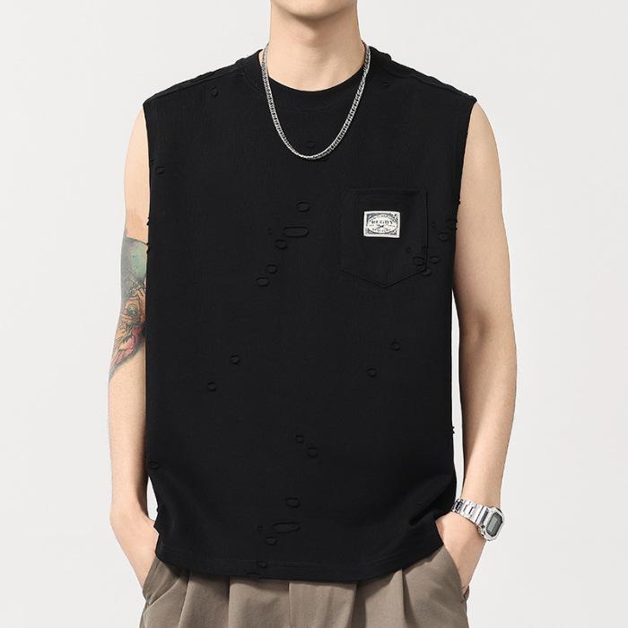 

Летняя тонкая американская уличная дышащая майка без рукавов с рваным эффектом, мужская футболка с круглым вырезом и короткими рукавами 4XL